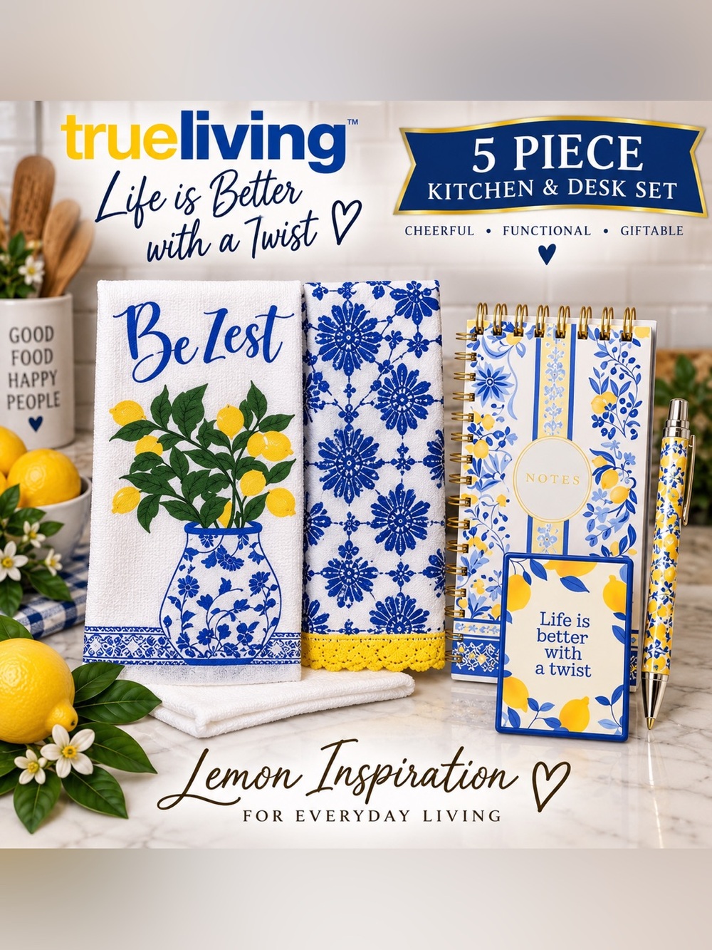 True Living Lemon Inspiration 5-Piece Kitchen & Desk Set - Blue & Yellow